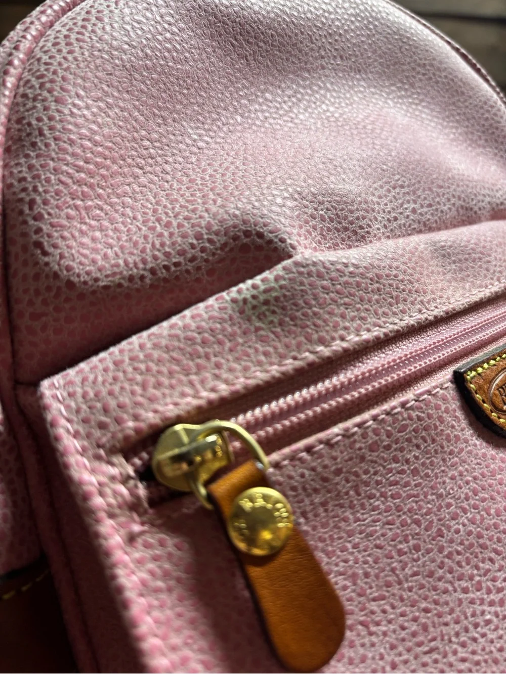 Bric’s Pink Pebbled Leather Backpack Tan Trim Adjustable Straps